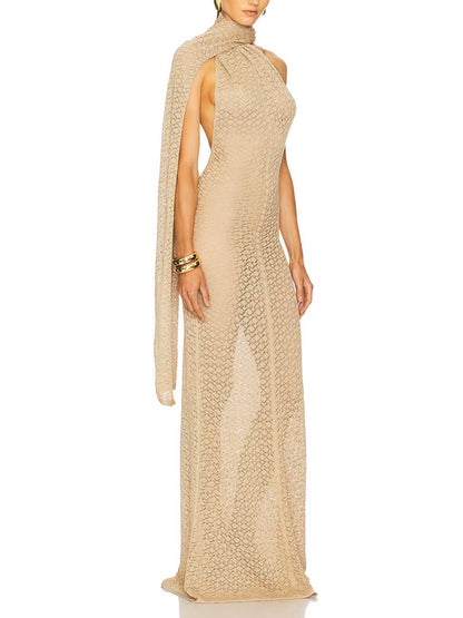 Exquisite Backless Mesh Wrap Scarf Detail Knit Maxi Dress