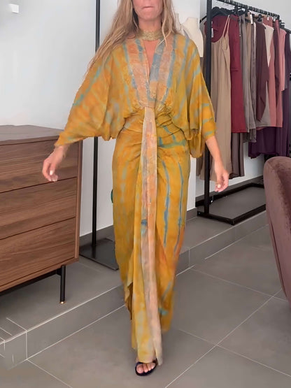 Bohemian Kimono-Inspired Tie-Dye Print Waist-Tie Maxi Dress