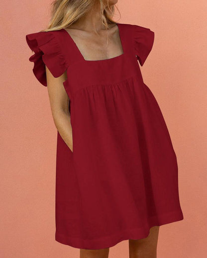 SWEET SQUARE NECK RUFFLE SLEEVE MINI  DRESS