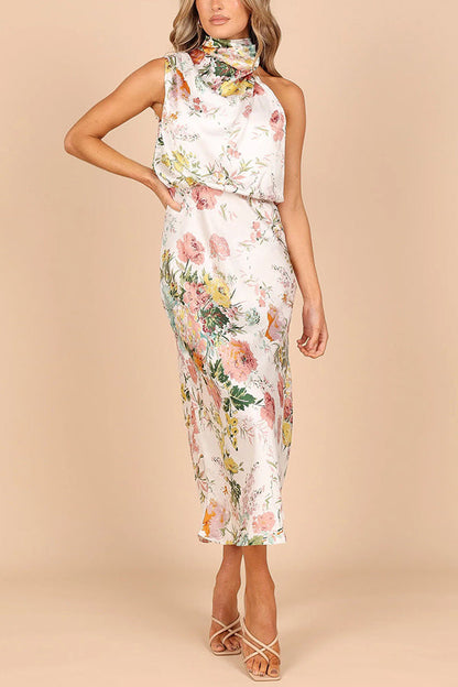 Floral Halter Neck Elastic Waist Maxi Dress