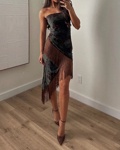 Vintage Floral Strapless Fringe Dress