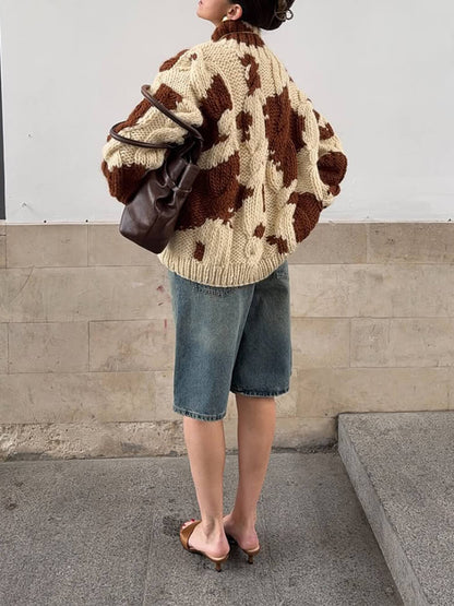 Fashion Casual Color-Block Print Loose Sweater