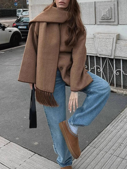 Fashion Solid Color Scarf-Neck Wool Short Coat