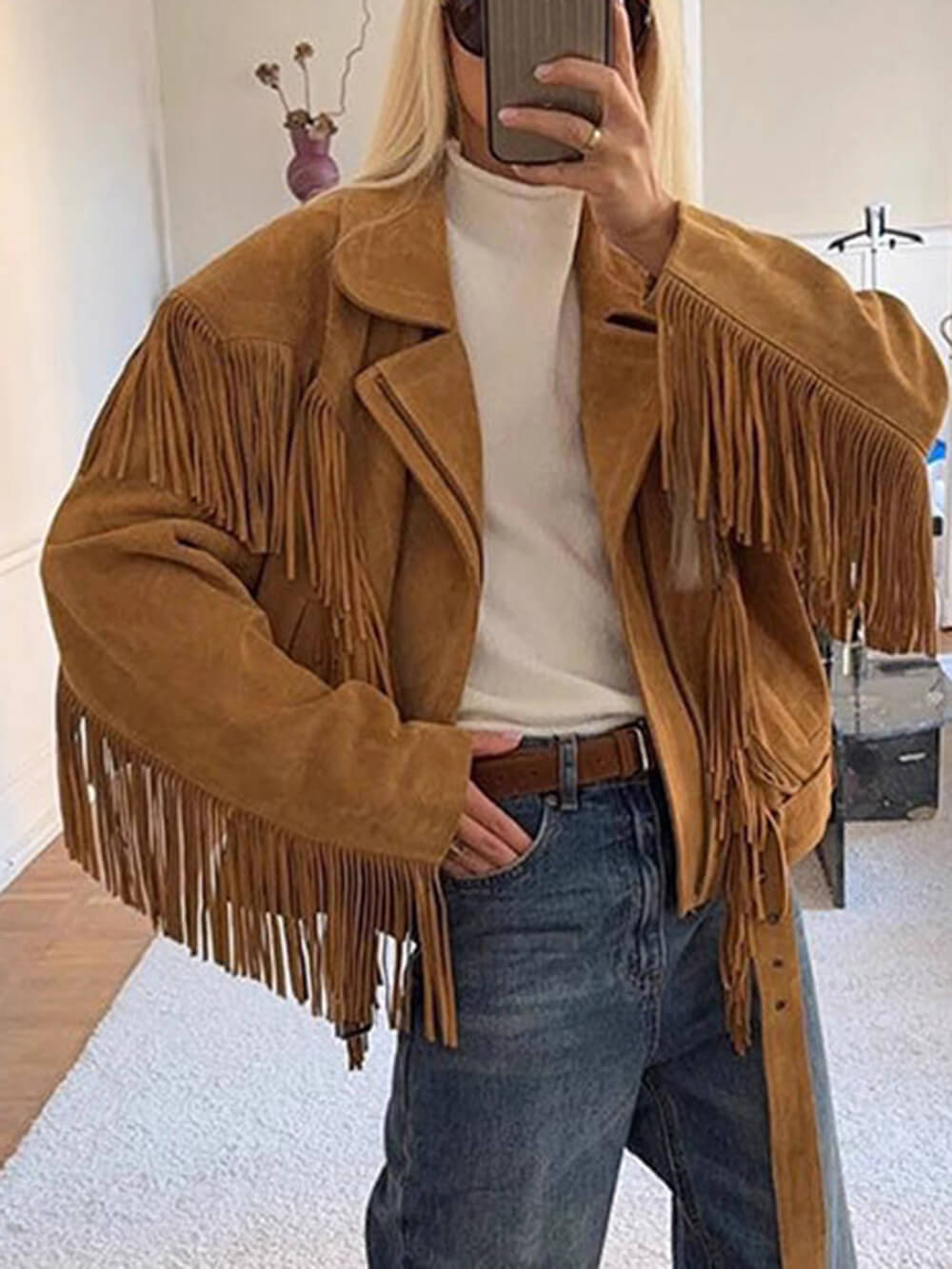 Retro Chic Fringe Suede-Look Wide-Shoulder Jacket