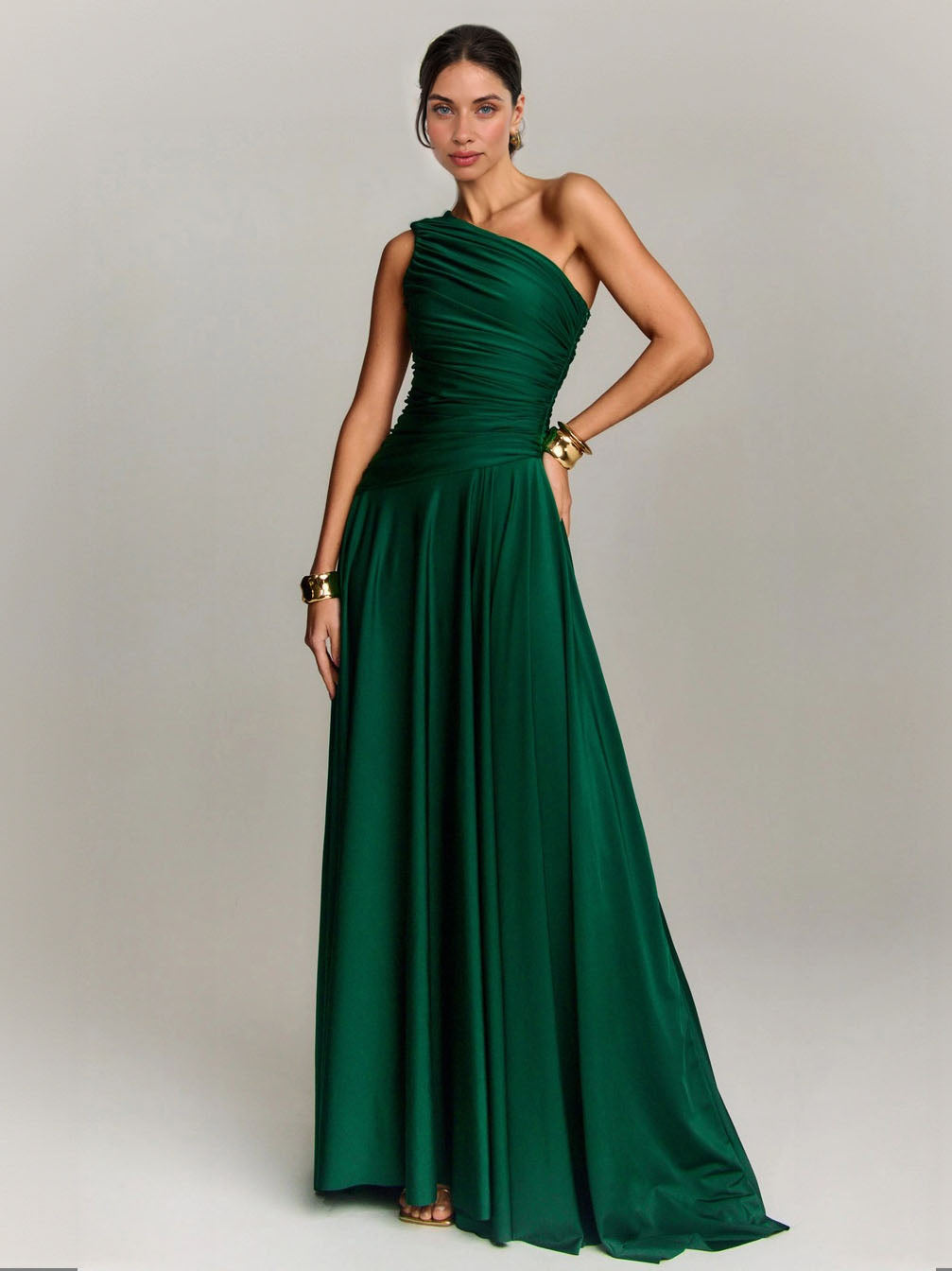 Elegant Draped One Shoulder Cocktail Maxi Dress