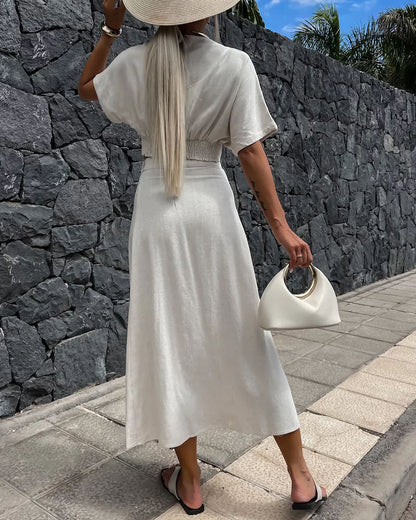 Casual Solid V-Neck Top & Skirt Two-Piece Set