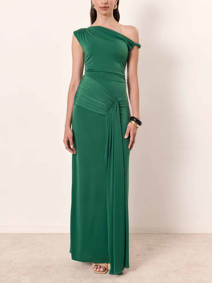 Elegant Asymmetric Neckline Satin Knit Pleated Maxi Dress
