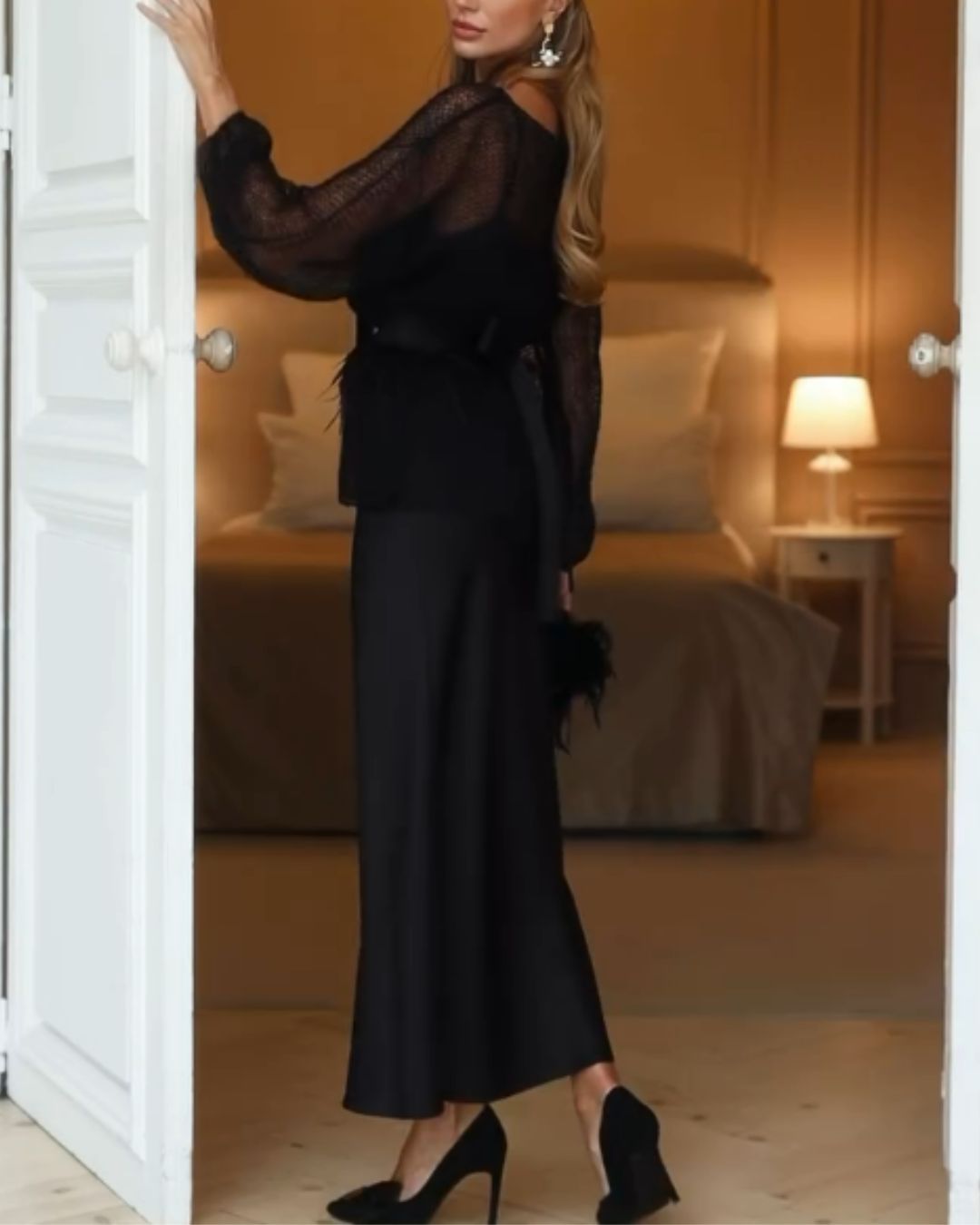 Black Mesh-Panel Long-Sleeve Two-Piece Maxi Set