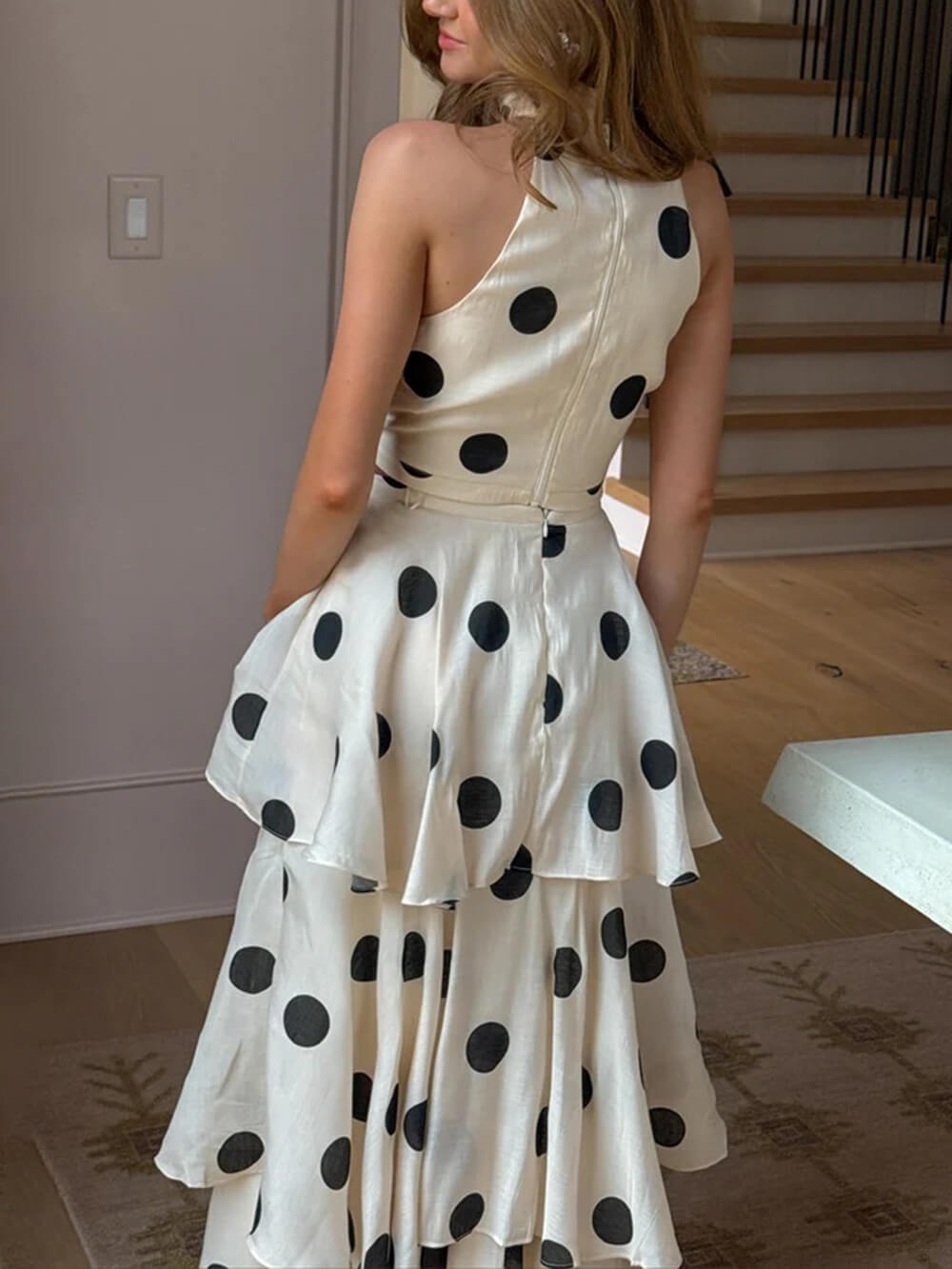 Exquisite Gift To You Polka Dot Print High Rise Layered Hem Maxi Skirt