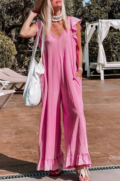 Summer comfortable V-neck ruffled jumpsuit