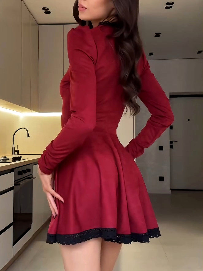 Elegant Lace-trimmed Suede Mini Dress