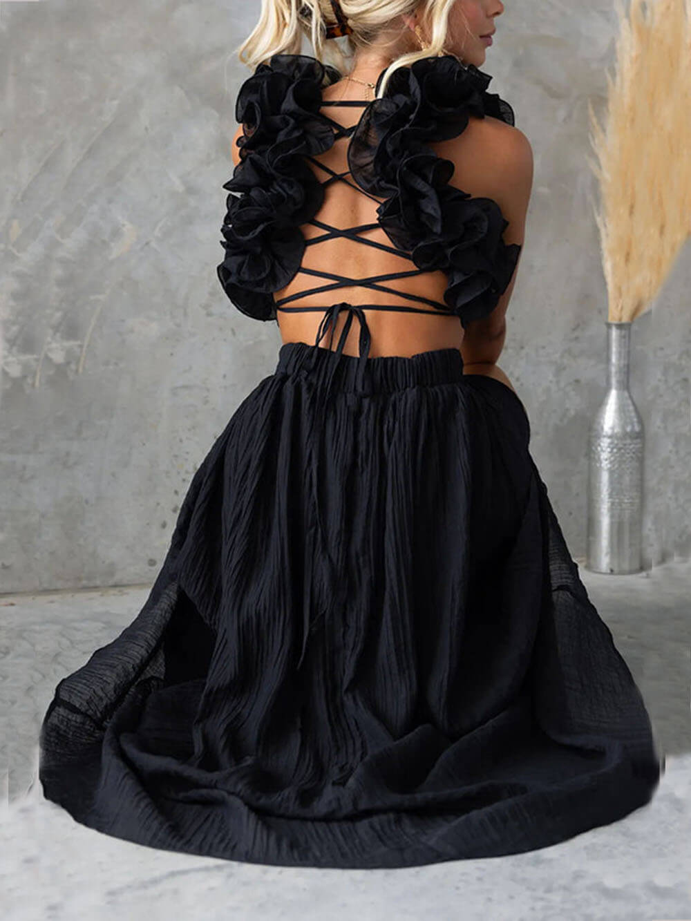 Floral Ruffle Detail Back Lace-Up Elastic Waist Maxi Dress