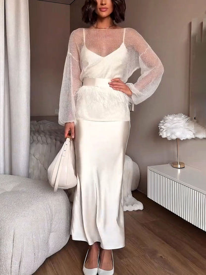 Elegant Thin Feather Trim Belted Sweater