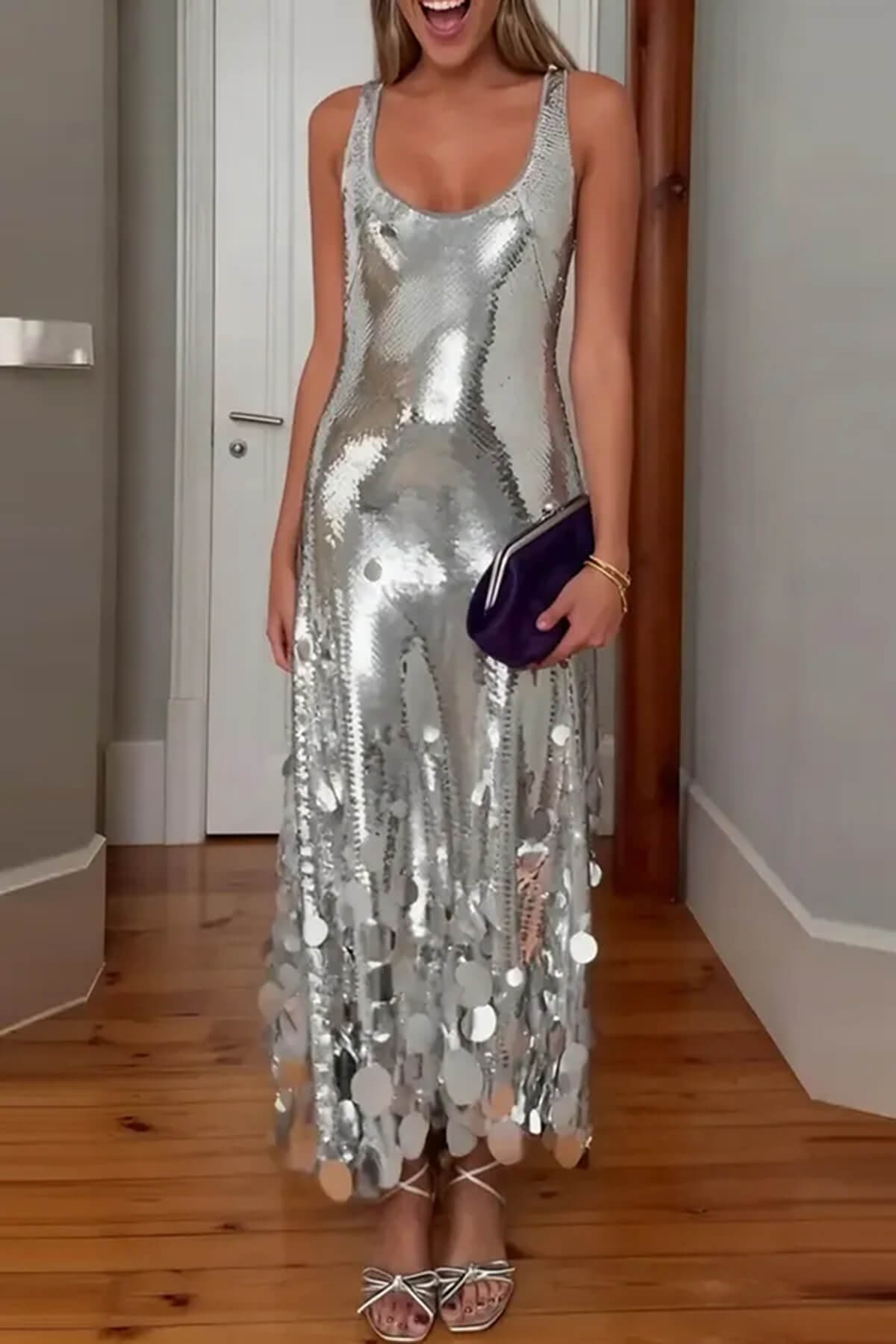 Exquisite Party Tips Sequin Irregular Round Tassels Hem Back Cutout Tank Maxi Dress