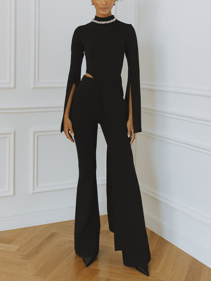 Elegant Rhinestone Color-blocked Irregular Two-piece Set