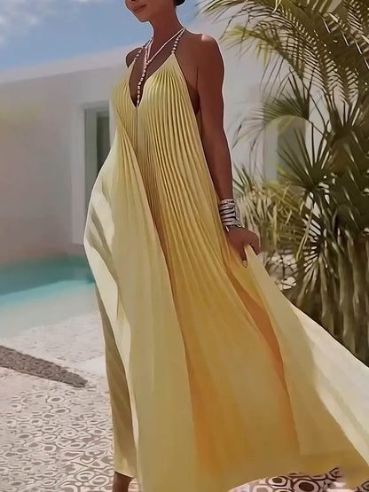 Elegant Pleated V-Neck Backless Chiffon Maxi Dress