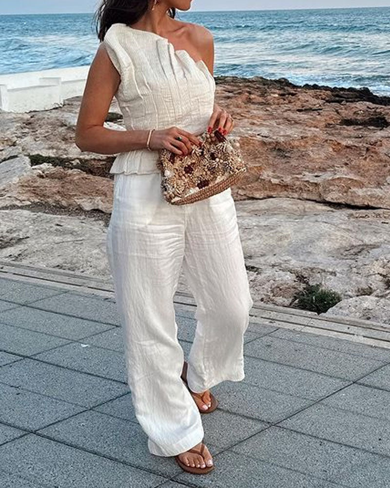 Fashionable Solid Color Pleated Top & Pants Two-piece Set