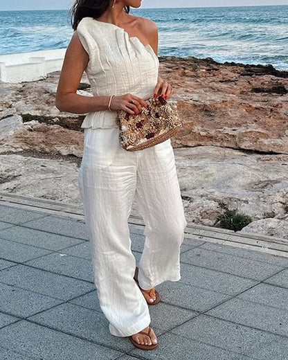 Fashionable Solid Color Pleated Top & Pants Two-piece Set