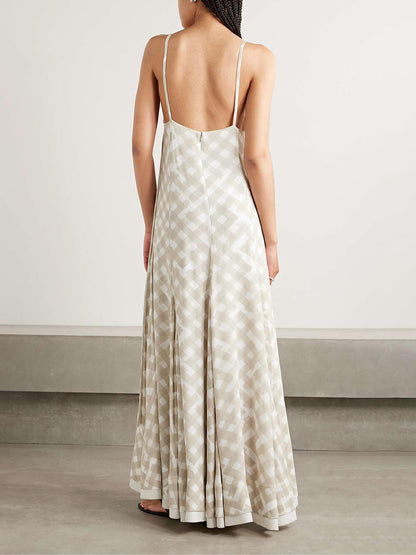 Elegant Plaid Print Pleated Crepe Maxi Dress