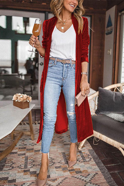 Stylish Open Front Long Sleeve Velvet Long Coat