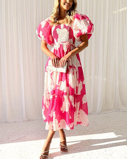 Elegant printed one-shoulder puff-sleeve dress