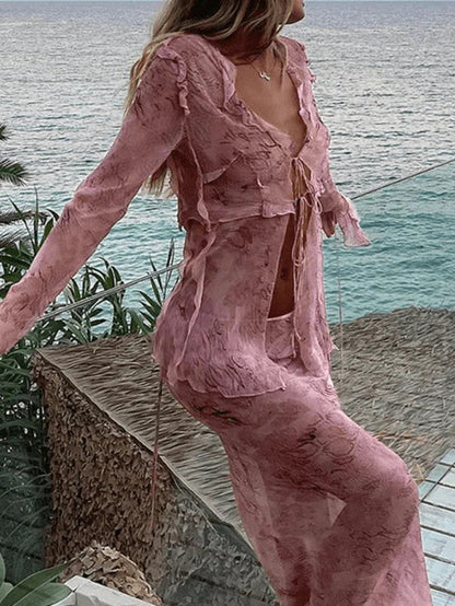 Cobra Blouse Wood Ear Print Long Skirt Suit Two Pieces