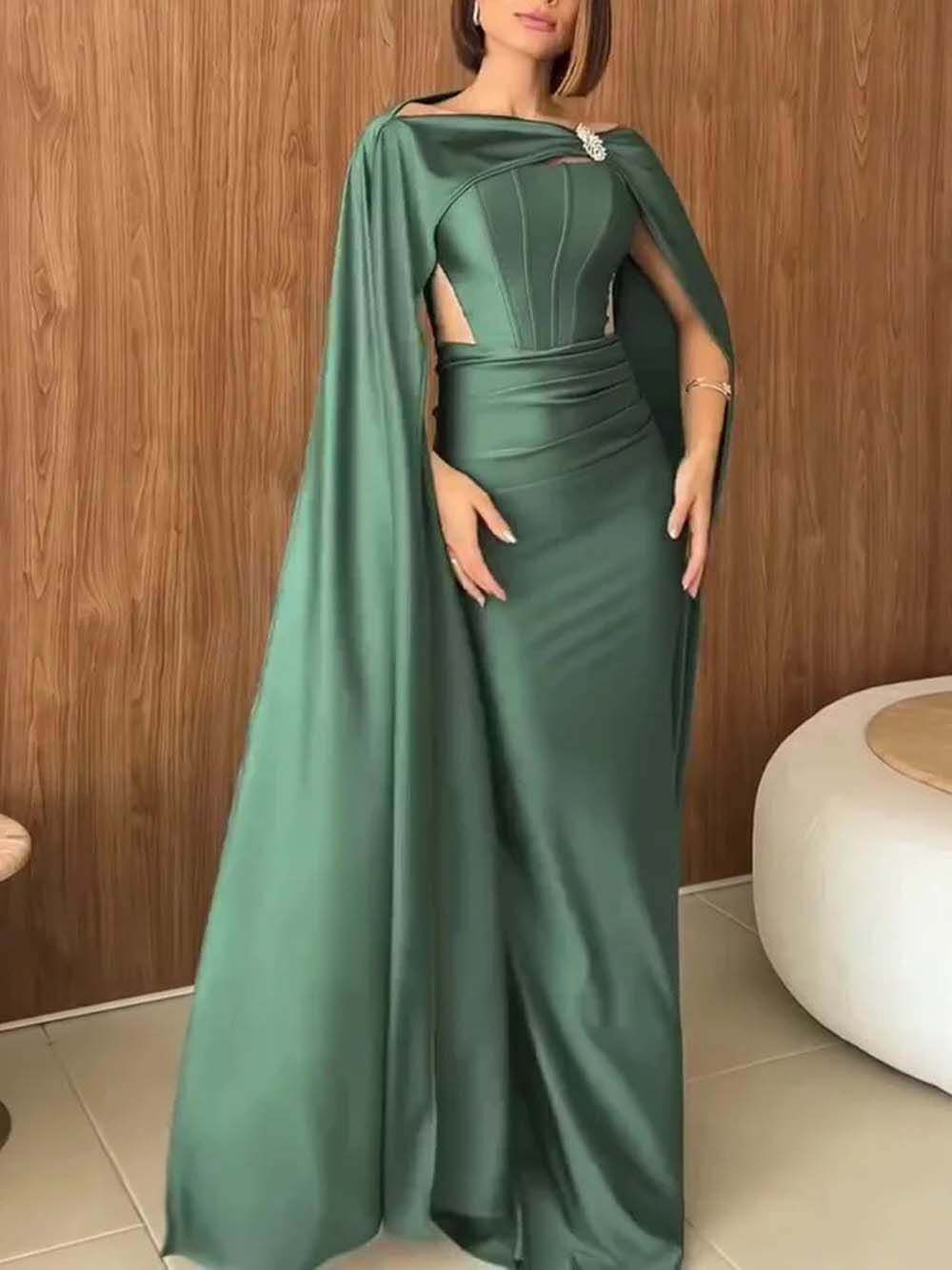 Elegant Strapless Cape Evening Maxi Dress