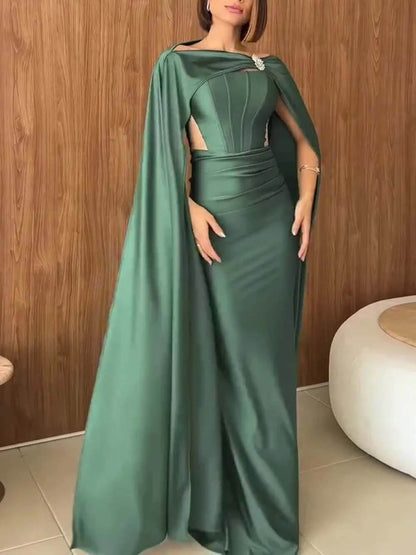 Elegant Strapless Cape Evening Maxi Dress
