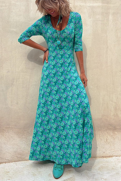 Floral Half Sleeve Elastic Maxi Dress