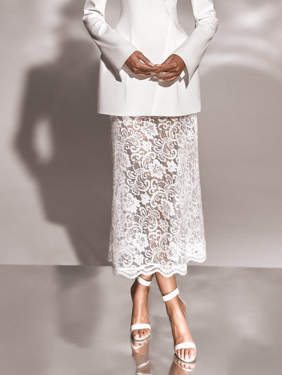 Elegant Asymmetrical Suit And Lace Skirt Two-Piece Set