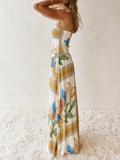 Elegant Off-Shoulder Printed Ruched A-Line With Pockets Maxi Dress