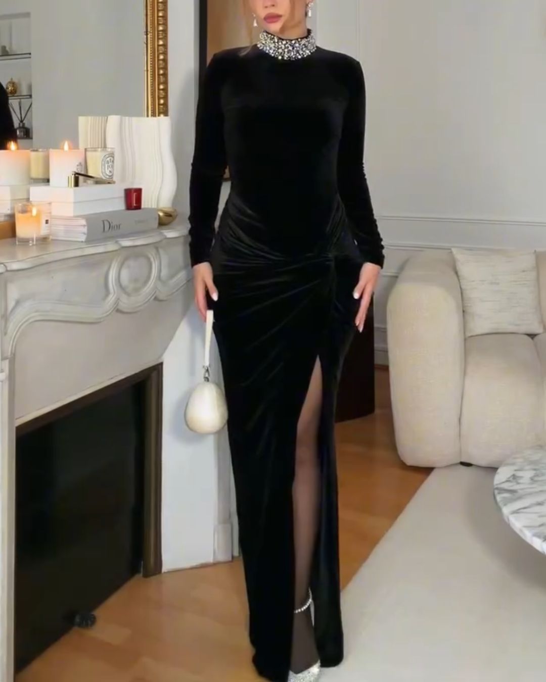 Elegant Black Velvet Rhinestone Mock Neck Ruched High Slit Maxi Dress