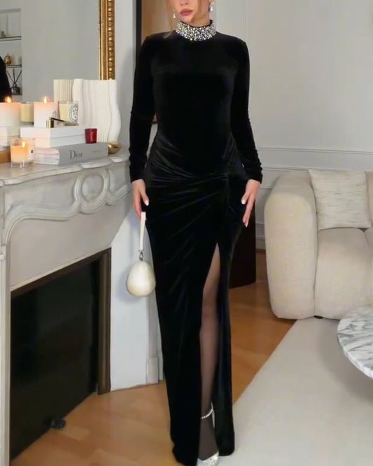 Elegant Black Velvet Rhinestone Mock Neck Ruched High Slit Maxi Dress
