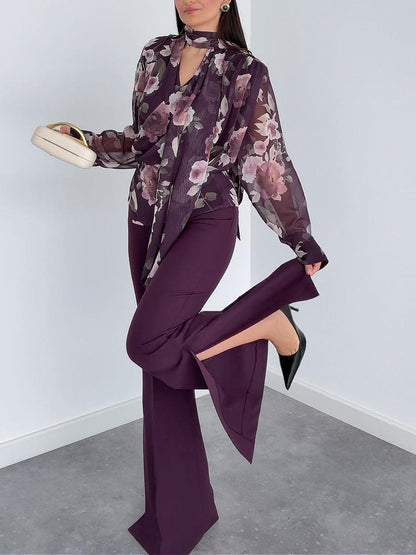 Exquisite Printed Long-sleeved Shirt Two-piece Set