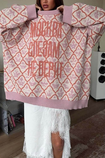 Casual Letter Diamond Print Crew Neck Long Sleeve Sweater