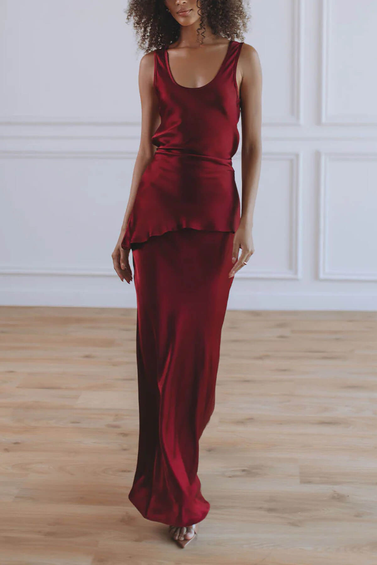 Elegant Asymmetrical Round Neck Satin Top and Fishtail Skirt Set