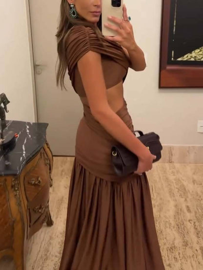 Unique Off-shoulder Waist Hollow Maxi Dress