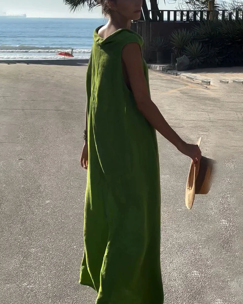 Chic round neck sleeveless casual cotton and linen dress