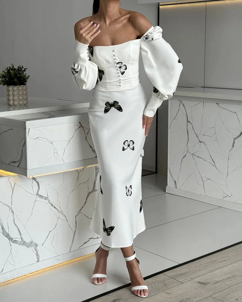 Elegant Square Neck Butterfly Print Fishtail Dress