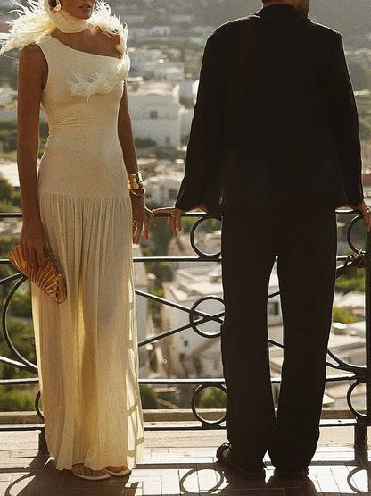 Unique off-shoulder Feather Maxi Dress