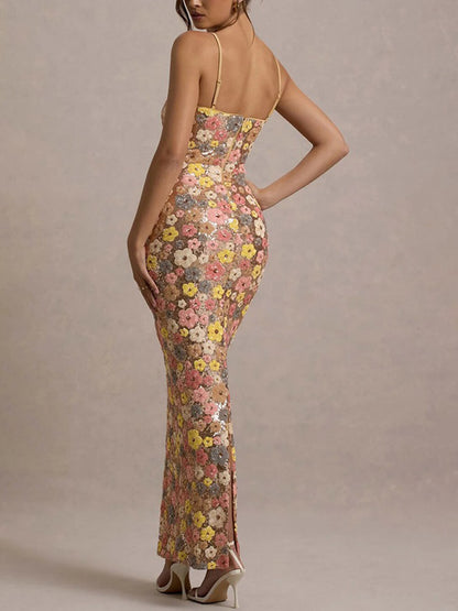 Retro Inspired Floral Print Sequin Square Neck Slip Stretch Maxi Dress
