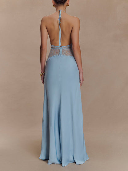 Elegant Lace-Panel V-Neck Lace-Up Satin Maxi Dress