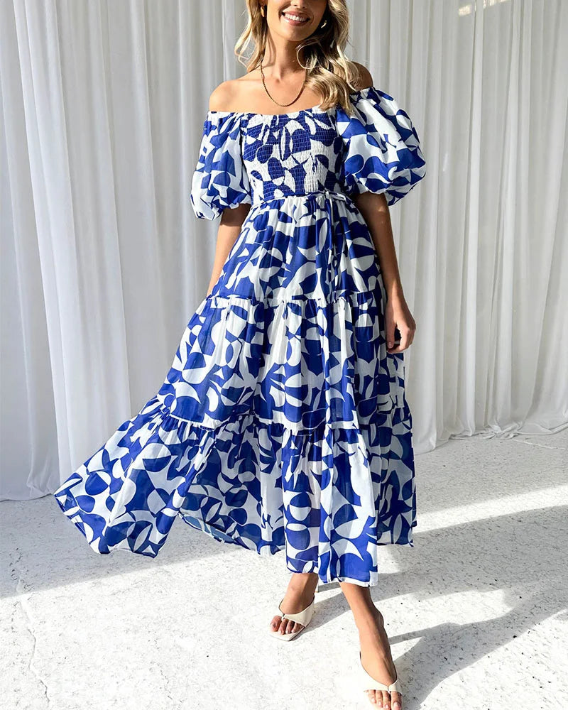 Elegant printed one-shoulder puff-sleeve dress