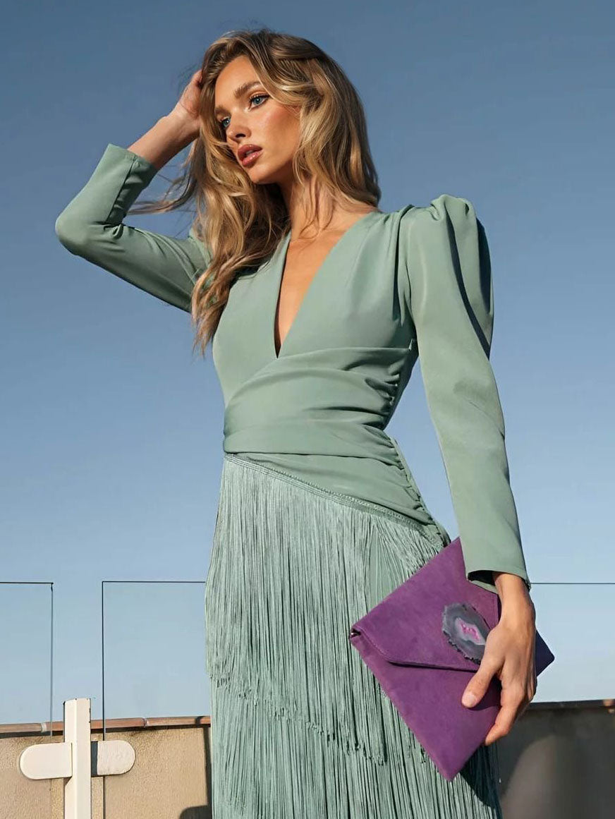 Elegant Tassel V-Neck Long Sleeve Maxi Dress