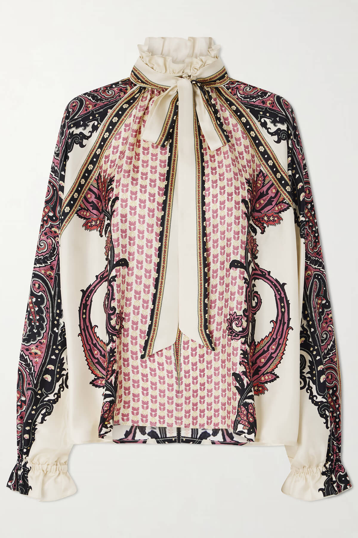 Exquisite Bow Ruffle Floral Printed Satin Twill Blouse