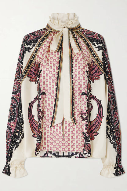 Exquisite Bow Ruffle Floral Printed Satin Twill Blouse