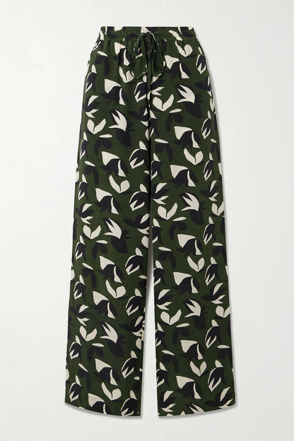 Unique Floral Print Satin Elastic Waist Straight Leg Pants