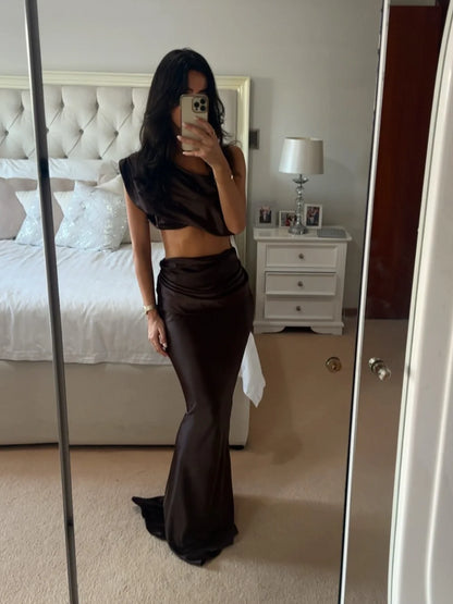 Satin Waist Structured Pleated Draped Maxi Skirt