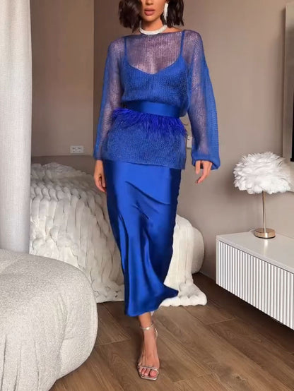 Elegant Openwork Knit Top And Satin Dress Two-piece Set