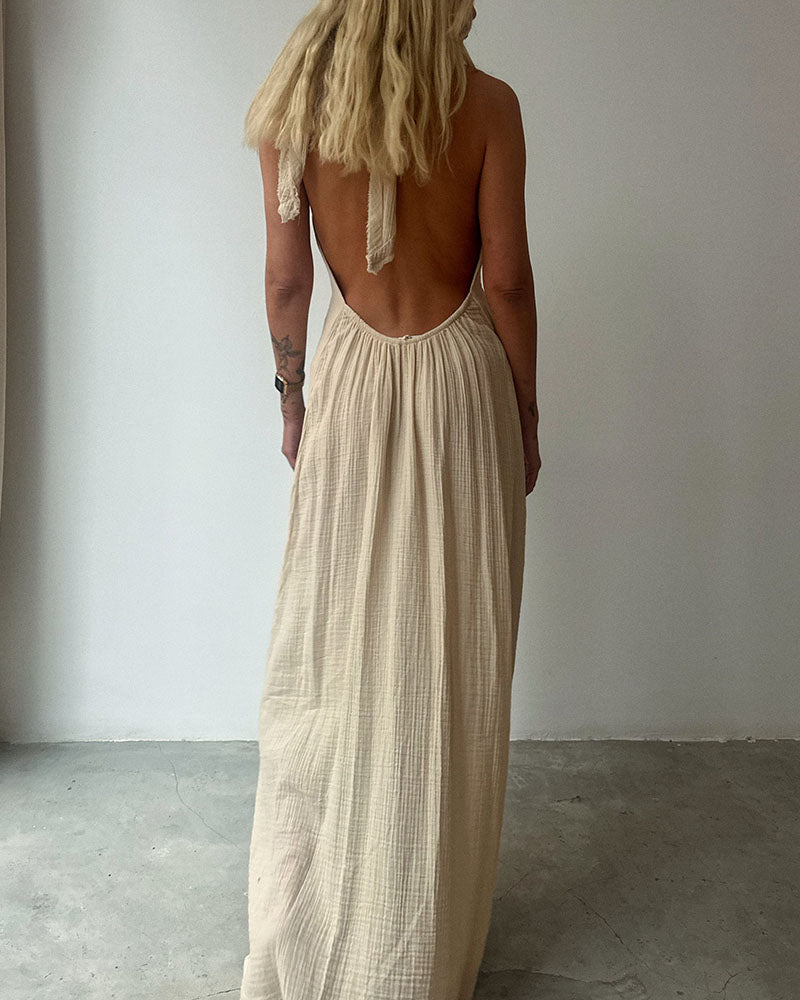 Elegant V-neck lace-up cotton and linen dress